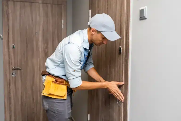 Deux mains de travailleur charpentier à l'installation de serrure dans la porte en bois. Services de serrurerie résidentielle avec Bédard Serrurier